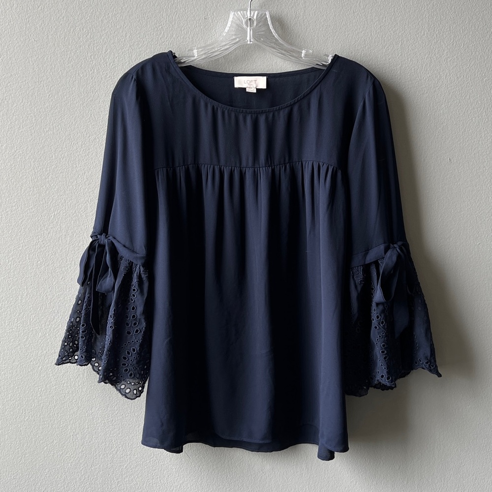 LOFT Outlet Navy Blouse with Cotton Lace Bell Sleeves